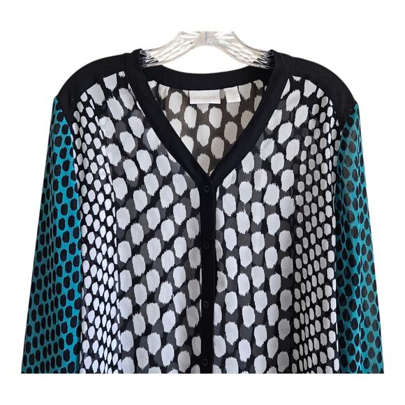 CHICO'S 2 Women's 12 14 Tunic Blouse Button Up Semi Sheer Mixed Patterns 42" - Picture 2 of 6